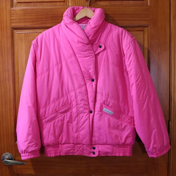 Jansport Vintage 90s Pink Ski Snow Jacket Medium Asymmetric Buttons Nostalgic - Picture 2 of 14